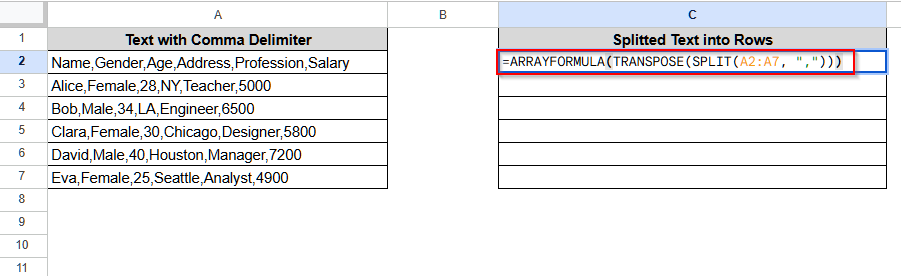 Split Text to Rows in Google Sheets Using ARRAYFORMULA Function