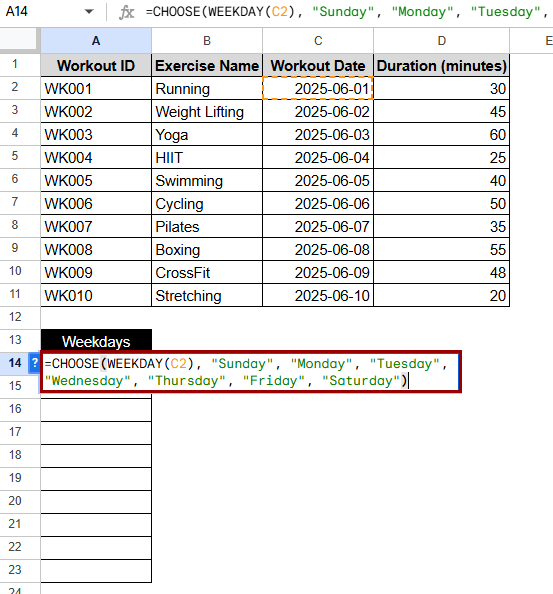 Using WEEKDAY with CHOOSE Function