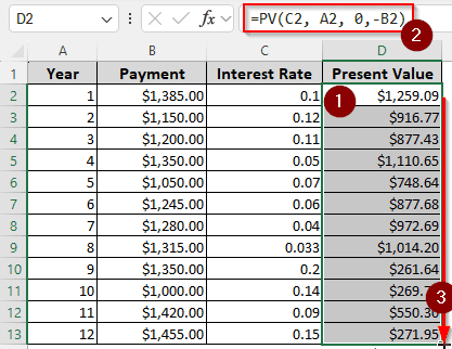 Determining Present Value with Variable Rate of Return Using PV