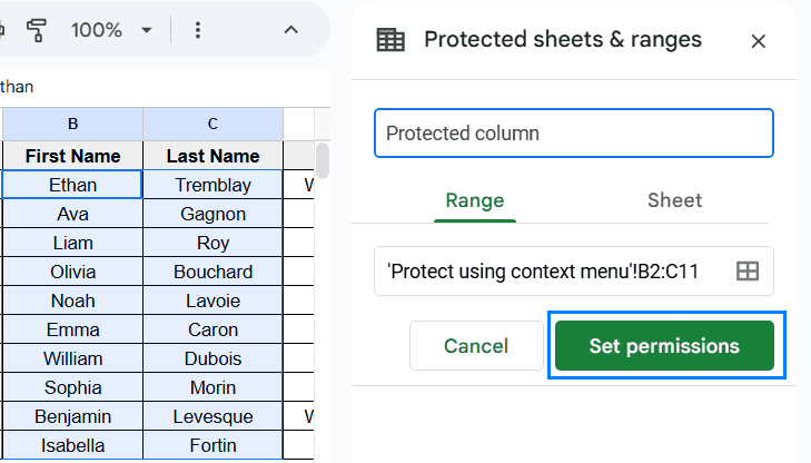 Protect Columns Using the Context Menu