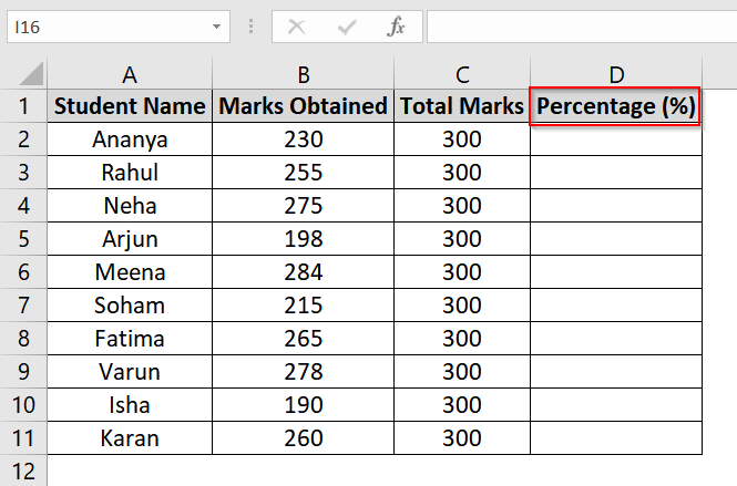 Applying Basic Percentage Formula for Marksheet in Excel