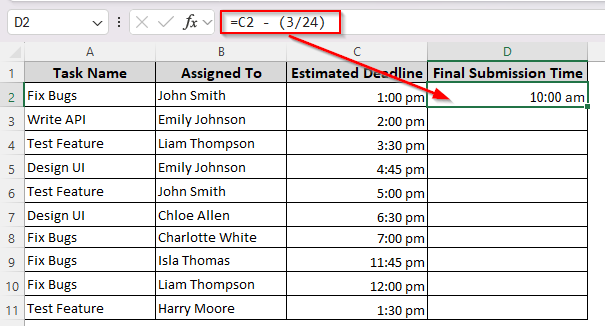 Subtracting a Fixed Hour from All Time Cells