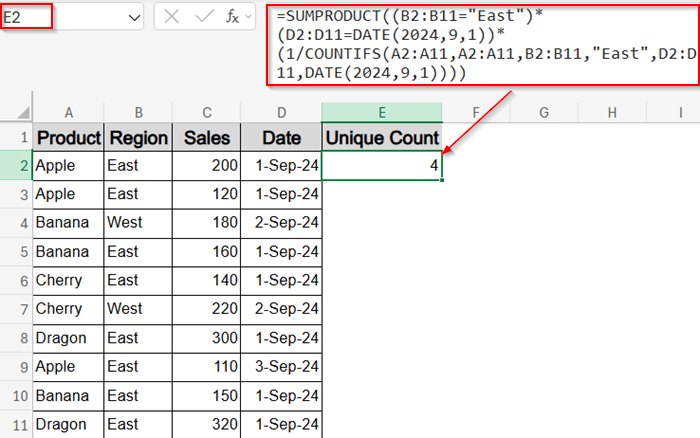 Count Unique Values Using SUMPRODUCT with COUNTIFS