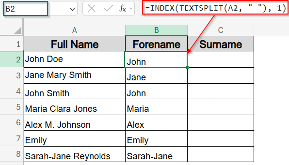 Extract First and Last Name Separately Using TEXTSPLIT