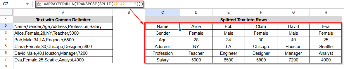 Split Text to Rows in Google Sheets Using ARRAYFORMULA Function