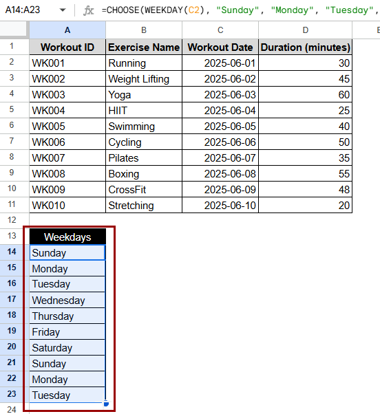 Using WEEKDAY with CHOOSE Function