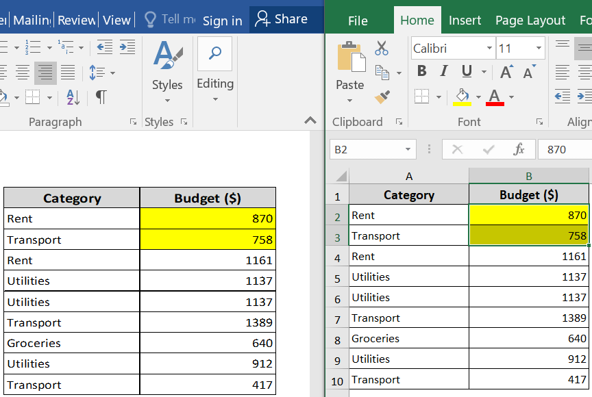 Link Excel to Word Using “Paste Special”