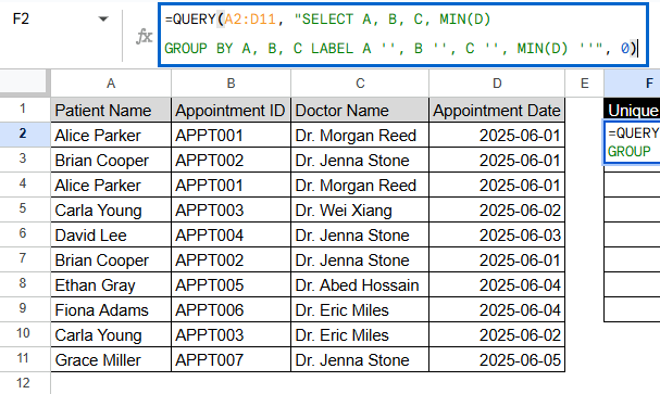 Remove Duplicates by using QUERY Function