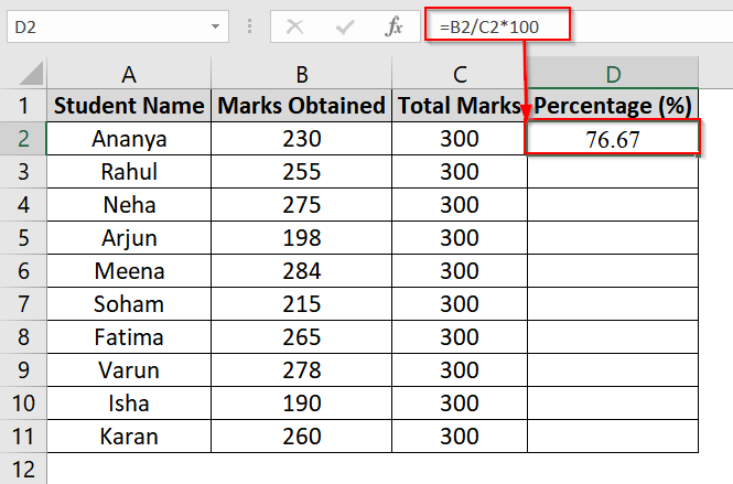 Applying Basic Percentage Formula for Marksheet in Excel