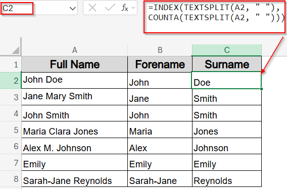 Extract First and Last Name Separately Using TEXTSPLIT