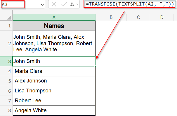 Combine TEXTSPLIT with TRANSPOSE Function to Split into Rows (Excel 365 / 2021)