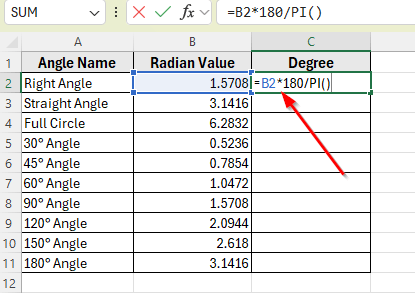 Apply a Simple Formula with PI Function to Convert Radians Manually