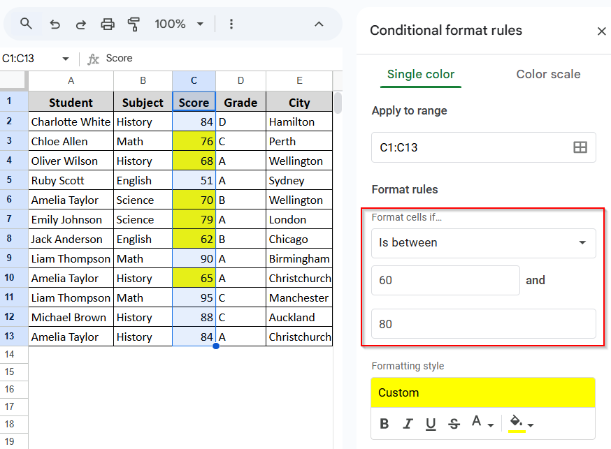 Using the Is Between Formatting Rule