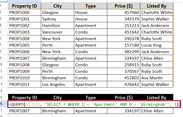 Using the QUERY Function with Multiple Conditions