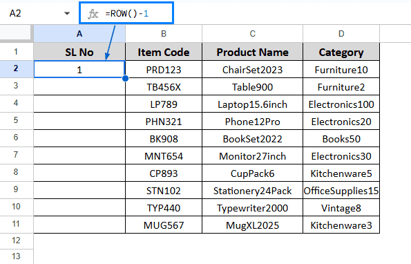 Add Serial Number Using the ROW Function