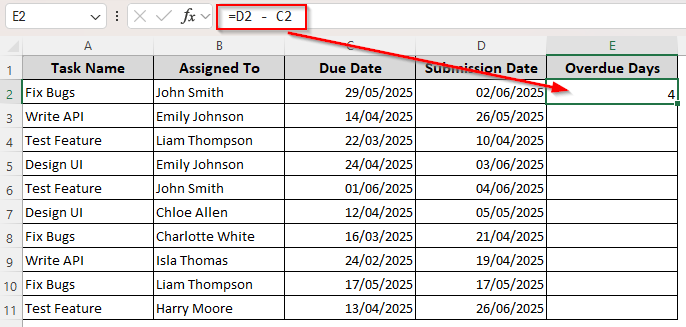 Counting Overdue Days Based on Two Date Columns