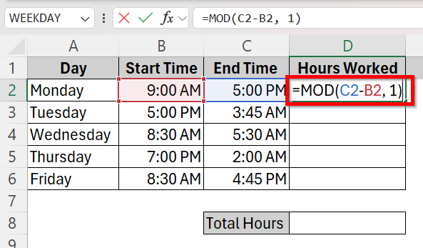 Calculate Total Hours Using MOD Function and Time Difference formula