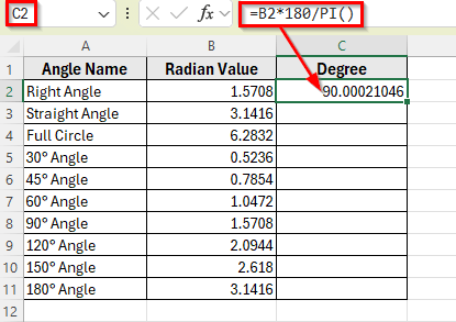 Apply a Simple Formula with PI Function to Convert Radians Manually