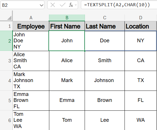 Using TEXTSPLIT Function to Convert Text to Columns with Line Break (Excel 365 / 2021)