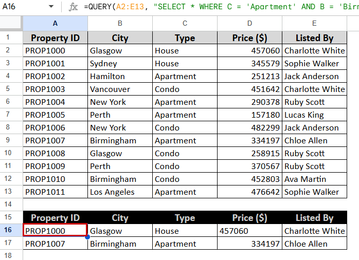 Using the QUERY Function with Multiple Conditions