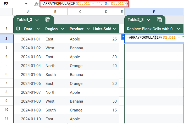 Convert Blank Cells to Zero with ARRAYFORMULA and IF