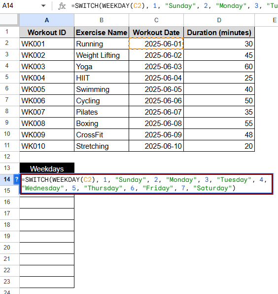 Combining WEEKDAY with SWITCH Function