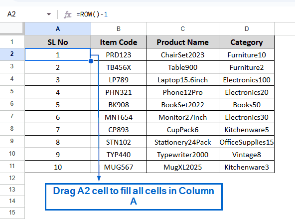 Add Serial Number Using the ROW Function