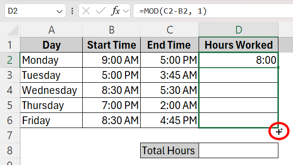 Calculate Total Hours Using MOD Function and Time Difference formula