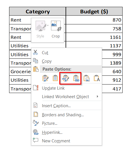 Link Excel to Word Using “Paste Options”