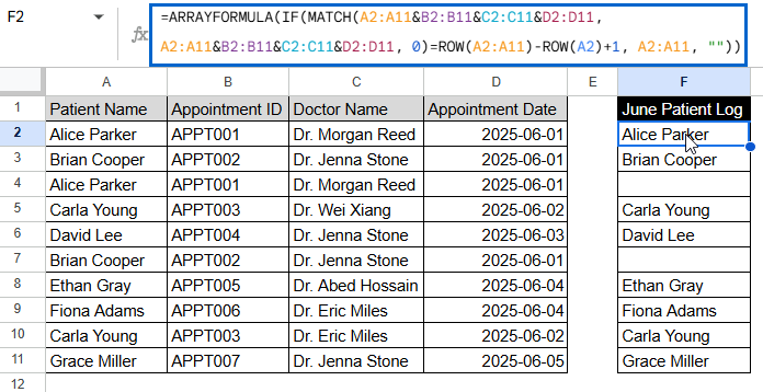 Display Only the First Instances using ARRAYFORMULA and MATCH