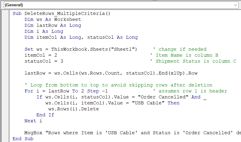 Identify Rows Based on Multiple Criteria and Delete Them in VBA
