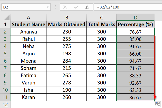 Applying Basic Percentage Formula for Marksheet in Excel