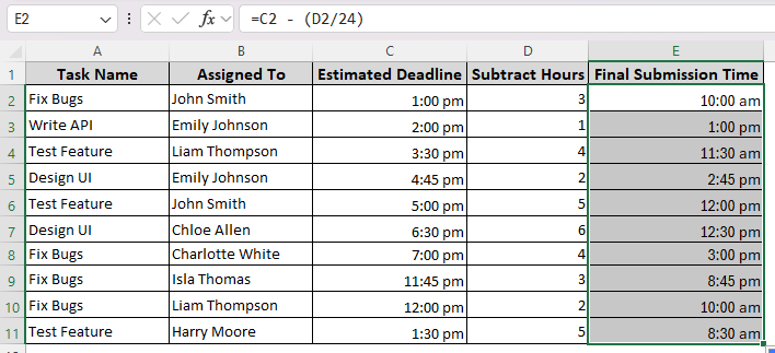 Subtracting Hours Based on Cell Reference