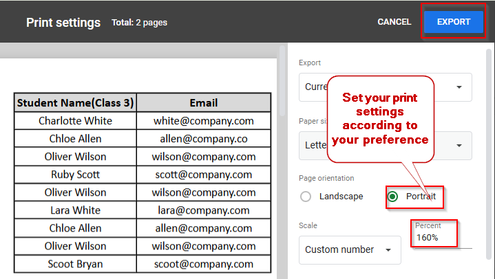 set your print settings according to your preference
