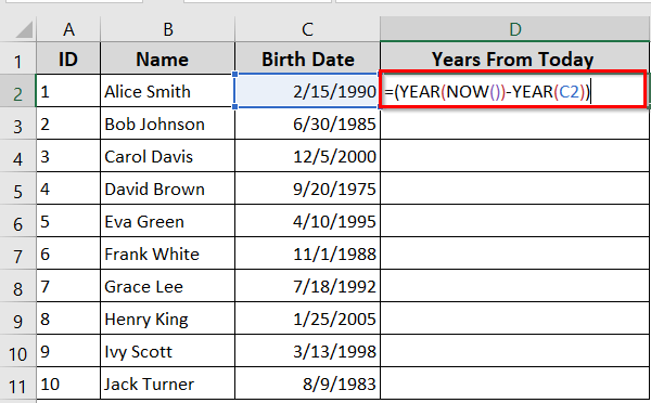 Calculate Years in Excel from Today Using the YEAR Function