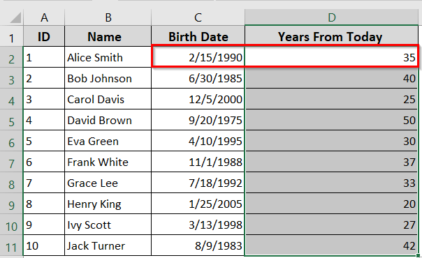 Calculate Years in Excel from Today Using the YEAR Function