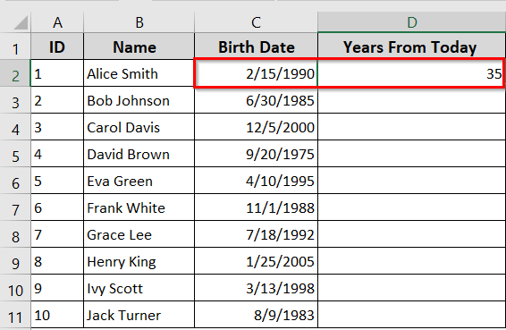 Calculate Years in Excel from Today Using the DATEDIF Function