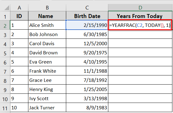 Calculate Years in Excel From Today Using the YEARFRAC Function