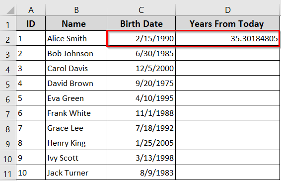 Calculate Years in Excel From Today Using the YEARFRAC Function