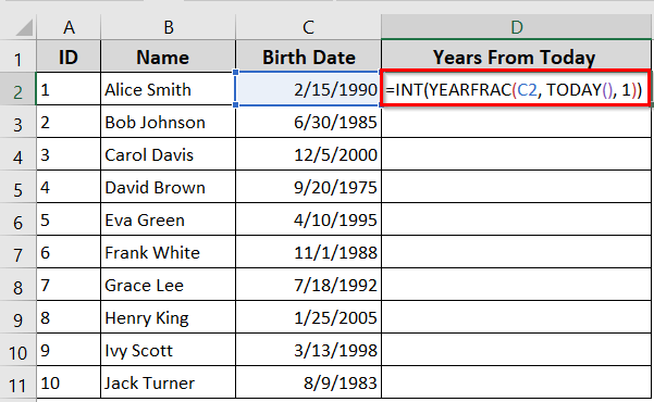 Calculate Years in Excel from Today Using the YEARFRAC & INT Functions