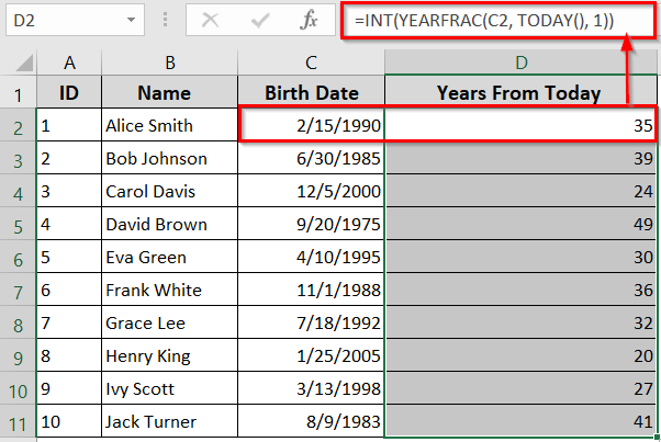 Calculate Years in Excel from Today Using the YEARFRAC & INT Functions