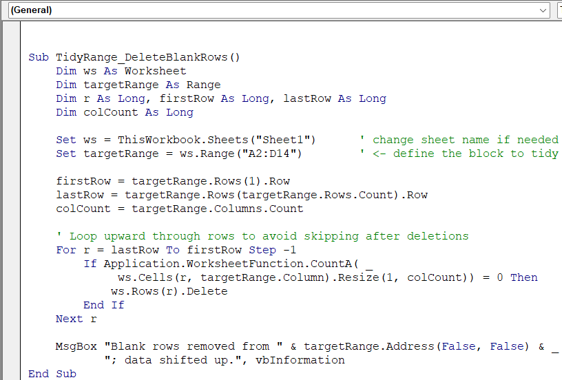 Automatically Delete Empty Rows in a Defined Range