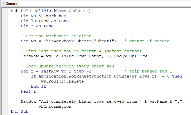 Remove Every Blank Row from the Worksheet in a Single Run