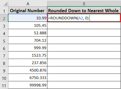 Using the ROUNDDOWN Function to Round Down to Nearest Whole Numbers