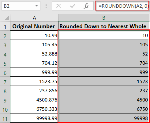 Using the ROUNDDOWN Function to Round Down to Nearest Whole Numbers