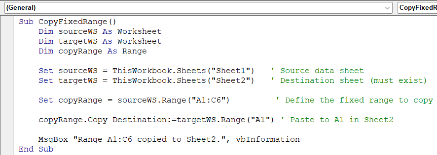 Copy a Fixed Range to Another Sheet Using Excel VBA
