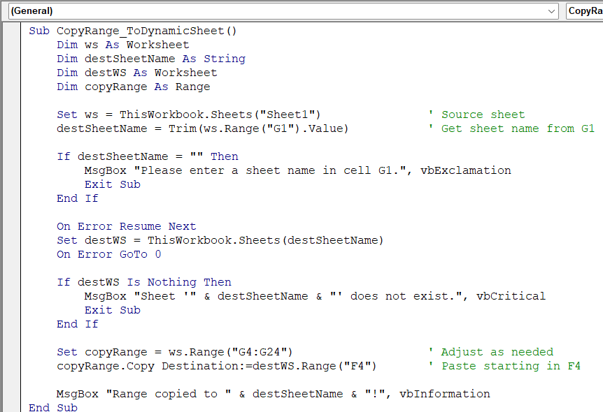 Copy a Range to a Sheet Specified by the User