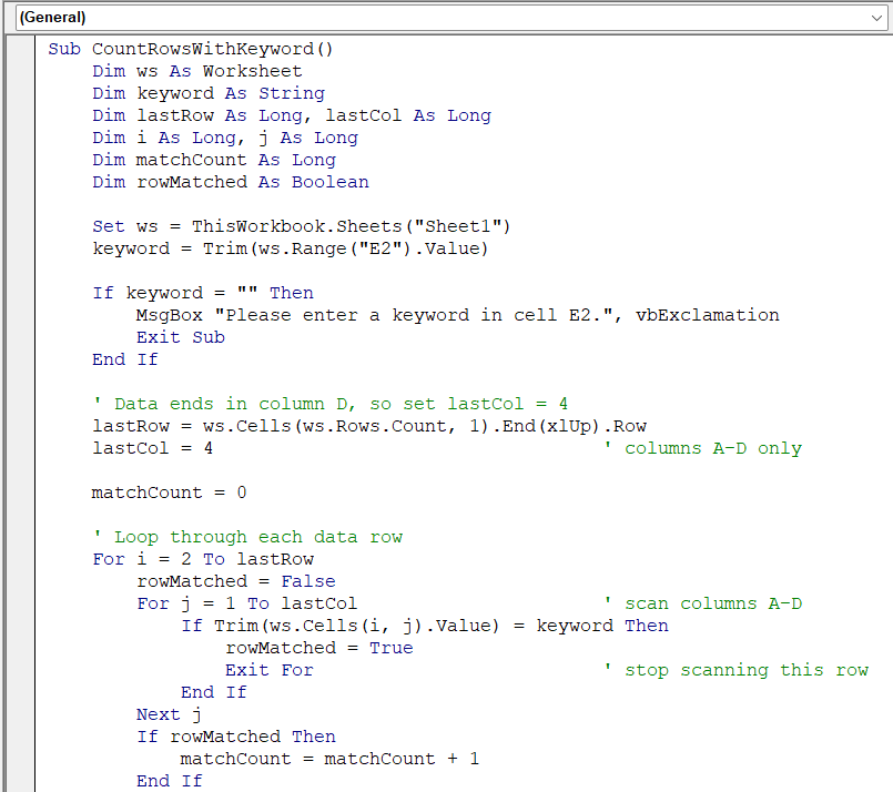 Use CountA with a Specific Data to Count Matching Rows in Excel VBA