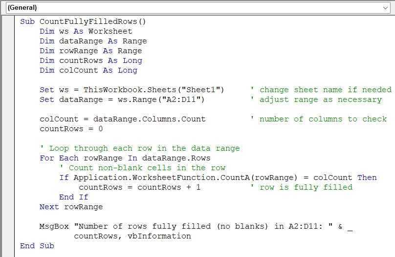 Count Rows Containing All Non‑Blank Cells by Looping Through Each Row with CountA