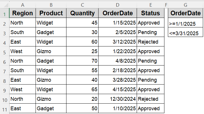 Filter Data Within an Interval Using AdvancedFilter
